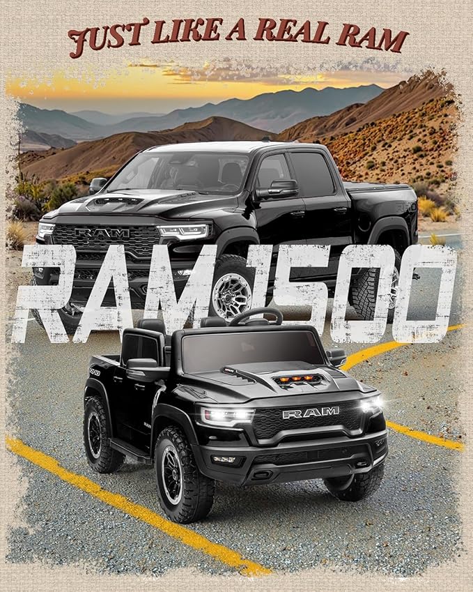 24V Ride on Toys for Big Kids, Licensed RAM 1500 RHO Electric Car for Kids w/Remote Control, Ride on Truck w/Bluetooth, LED Lights, Truck Bed Storage, Gear Shifter & Soft Start (Black)