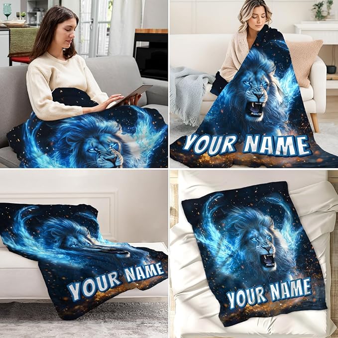 Boys Blanket Custom Lion Gifts - Lion Throws Personalized Flannel Warm Comfy Blankets for Couch Sofa
