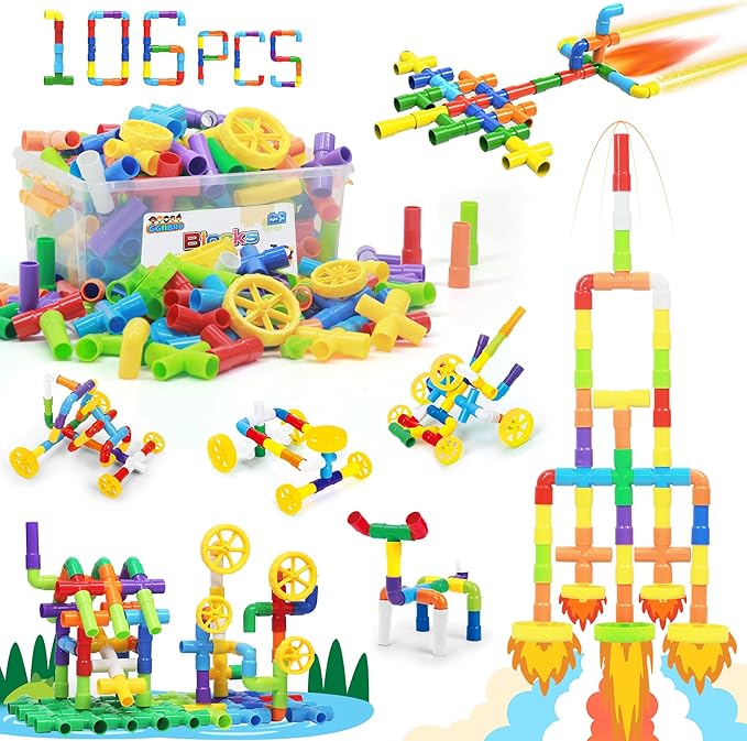Ggiibro STEM Building Toy for Toddlers 106Pieces Tube Pipe Toy,Educational Preschool Game for 3+ Years,Learning Building Blocks Play with Storage Box Gift Kit,Montessori Toys for Boys & Girls