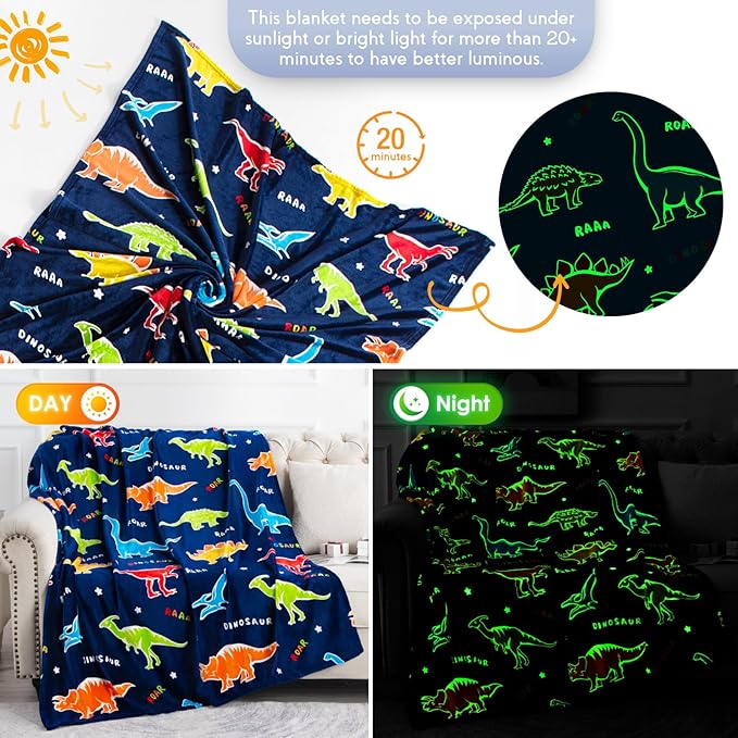 Jekeno Dinosaur Glow in The Dark Blanket Dino Gift Throw for Kids Boys Girls Birthday Christmas Halloween Easter Decor for Age 1-16 Years Old Teens Child Toddler Son Throw Navy Blue 50"x60"