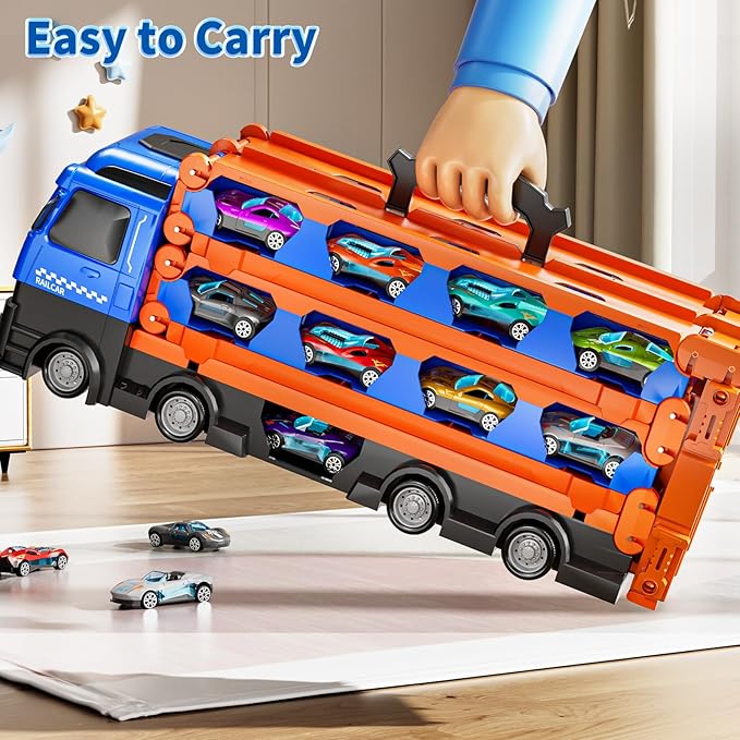 Cars Truck Set Transport Toy for Kids, Race Track Set with 12 Die-Cast Cars, Trucks Playset, 2-Tier Launching Tracks, Carrier Toy for Boys Girls Birthday Gifts for Boys Ages 1-3 2-4 3-5 4-7