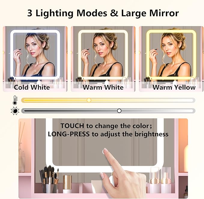 Pink Makeup Vanity Desk with Mirror & Lights, Modern Vanity Table with Charging Station, 7 Drawers, Glass Cabinet, Shelves & Cushioned Stool, Bedroom Dressing Table Set for Women & Girls