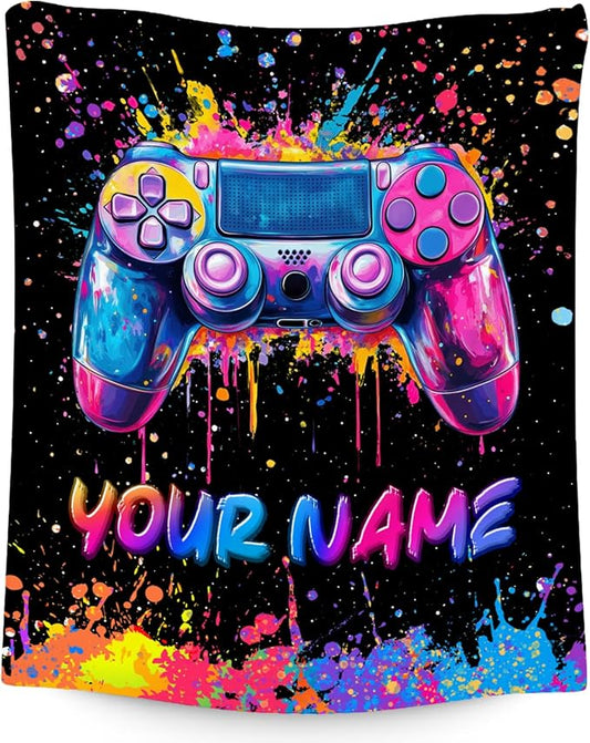 Personalized Blankets for Kids - Cozy Gamer Blanket for Adults - Warm Fleece Throw for Sofa Couch - Custom Name Gifts for Boys & Men - 4 Size Options