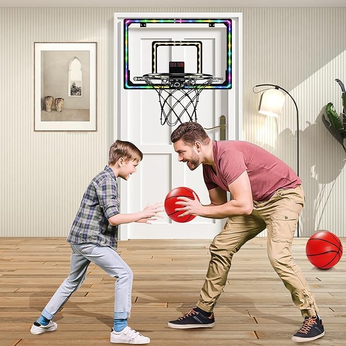 NZQXJXZ Extra Large 26" x 17" Pro Indoor Basketball Hoop Over The Door with LED Lighting Electronic Scoreboard, Mini Basketball Hoop for Kids, for Boys Girls Teens Adults W&B