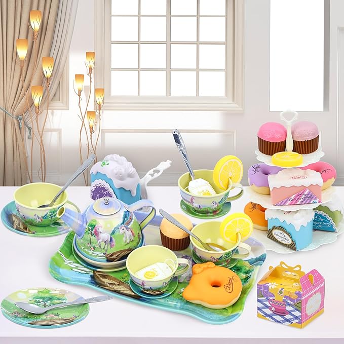 Tea Party Set for Little Girls,50PCS Princess Horse Tea Time Toy Including Food Sweet Treats Playsets,Teapot Tray Cake,Tablecloth & Carrying Case,Kids Kitchen Pretend Play for Girls Boys Age 3 4 5 6