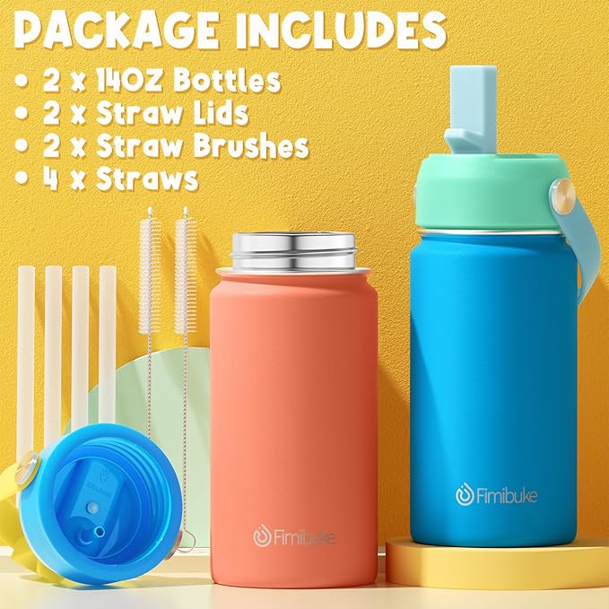 Fimibuke Kids Insulated Water Bottle, 14oz BPA FREE Double Wall Vacuum Travel Tumbler 18/8 Stainless Steel Leak Proof Kids Cups with Straw Metal Water Bottle for School Boy Girl (2 Pack, Hawaii)