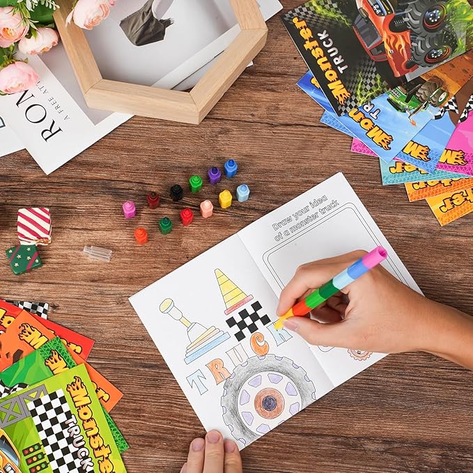 BenLouis 12 Monster Truck Mini Coloring Books Kids with 12 Stacking Crayons Car wheels Party Favors Small Activity Books Bulk for Kids Monster Truck Party Gift Goodie Bag Stuffers
