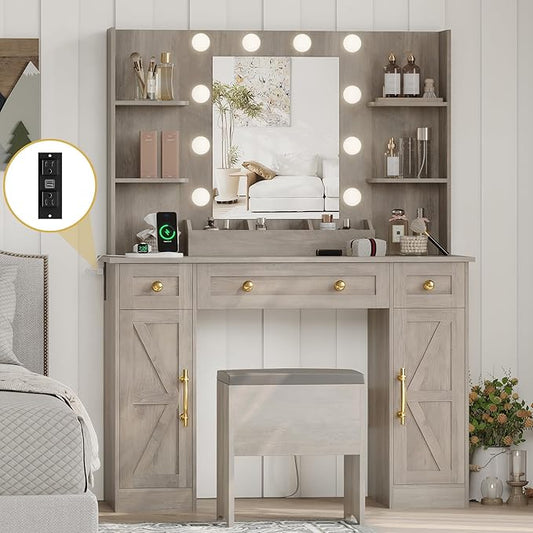 Vanity Makeup Desk with Mirror and Lights, Farmhouse Vanity Table Set with Storage Drawers, Charging Station & Chair, 43" Large Rustic Dressing Table, 3 Lighting Modes for Women Girls Bedroom, Grey