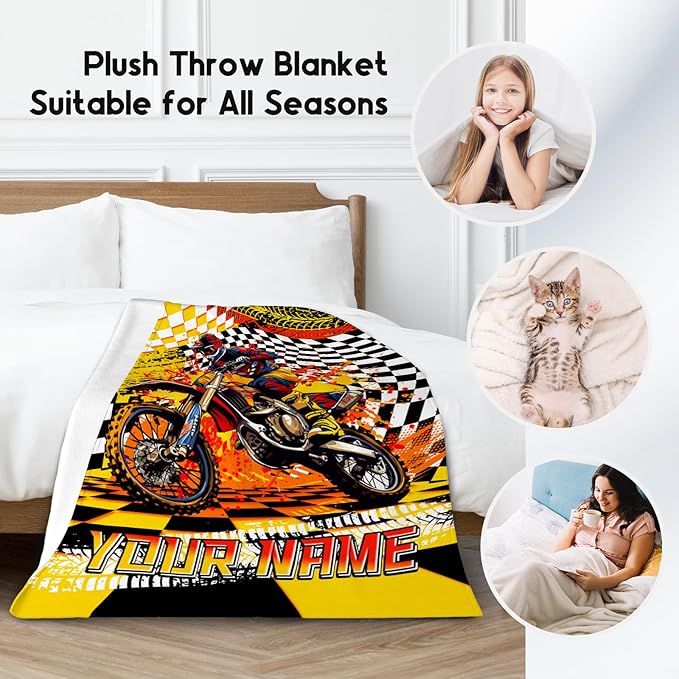 Personalized Blanket for Boys, Dirt Bike Blanket for Kids Age 6-8, Custom Gifts with Name, Toddler Plush Throw, Cool Throw for Boys, 30"x40"