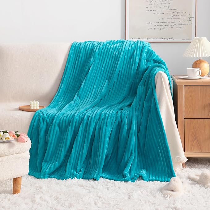 NTBAY Plush Flannel Twin Bed Blanket, 60x80 Inches Soft and Warm Lightweight Bed Blanket with Striped Texture for Couch, Sofa, All Seasons, Turquoise