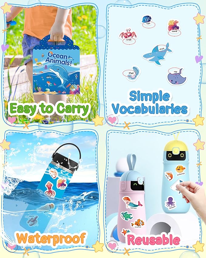 Benresive Reusable Sticker Book for Toddlers 2-4 Years, Fun Travel Stickers for Kids, Waterproof Sticker Books for Toddlers 1-3, Crafts Activities for Toddler 1-3 2-4 3-5 - Ocean Animals