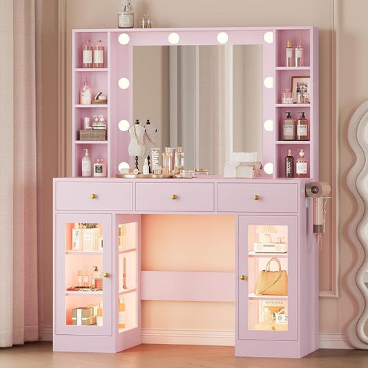 Makeup Vanity Desk with Mirror and Lights, Pink Vanity with Glass Top, LED Lights & Power Outlet, 3 Drawers & 2 RGB Glass Cabinets, Adjustable Lighted Dressing Table for Women & Girls Bedroom