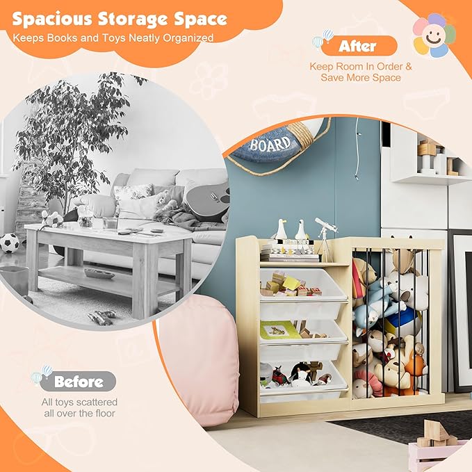 NACHES Kids Toy Organizer and 4-Tier Montessori Bookshelf with 3 Bins, 3-in-1 Toy Shelves and Stuffed Animal Storage for Playroom, Nursery, Baby Room (Burlywood)