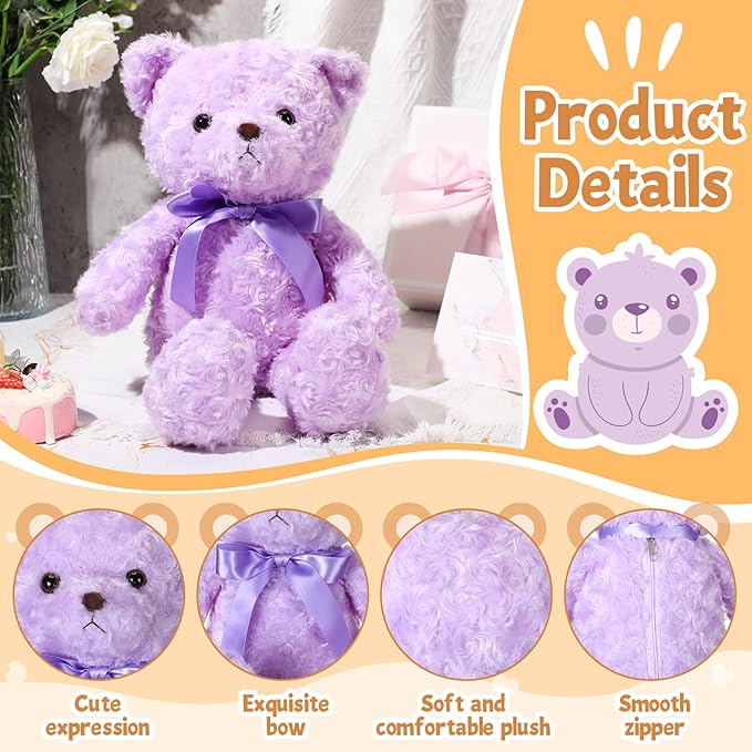 16 Inches Girl's First Bear Plush Stuffed Cute Bear Soft with Bow Plush Animal Toys for Girl Girlfriend Baby Shower Birthday Gifts Valentine Gifts(Purple)