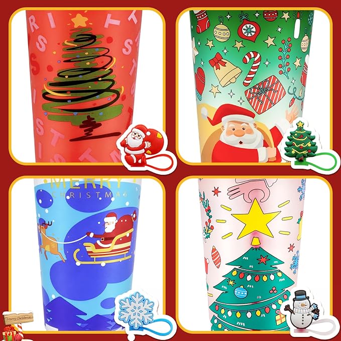 Christmas Color Changing Cups with Lids, Straws & Cute Straw Caps, 24oz PP Reusable Tumblers for Cold Drinks, 4 Pack Holiday Gift for Kids, Teens & Adults