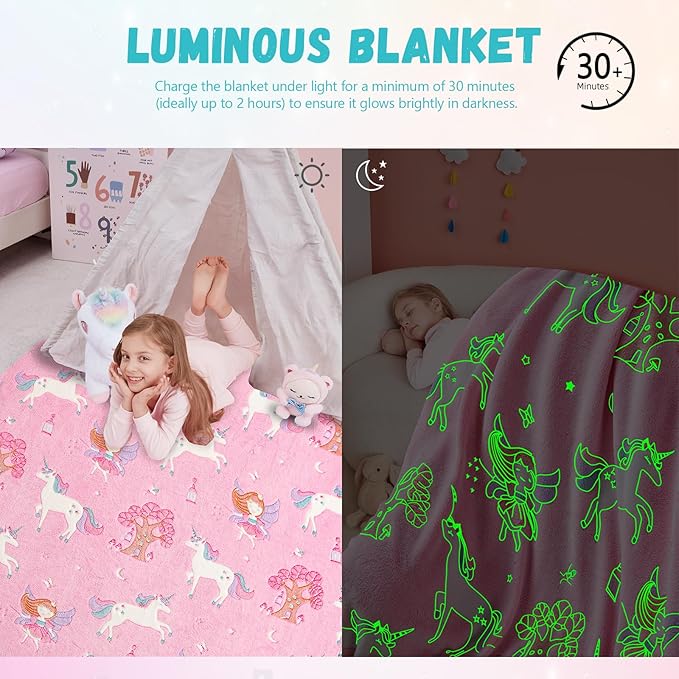 Glow in The Dark Unicorn Blanket,Unicorn Gifts Toys for Girls,Birthday Presents Decor for Kids Age 3-14 Year Old Daughter Teen Child Toddler Soft Luminous Christmas Bedroom Blanket (50"x60")