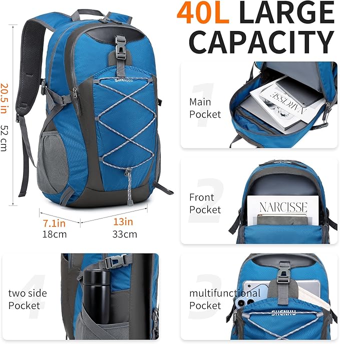 40L Hiking Backpack Lightweight Daypack Waterproof Travel Camping Backpack for Men Women Sport Packable
