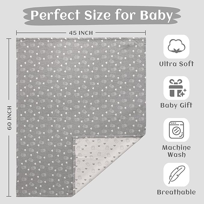 NTBAY 3 Layer Oversized Muslin Cotton Toddler Blanket, Jacquard Reversible Nursery Bed Blanket, Super Soft and Thermal for All Seasons, Baby Gift, 45"x60", Dark Grey Rabbit