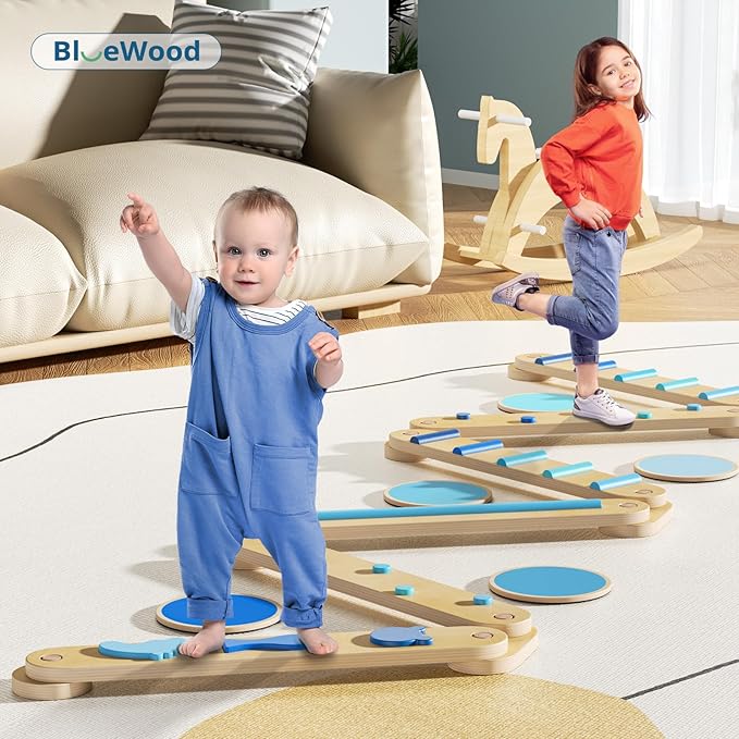 BlueWood Balance Beam for Kids 3-5, Toddler Sensory Wooden Toys and Stepping Stones, Build Coordination Gymnastics Obstacle Motor Skill for Kid
