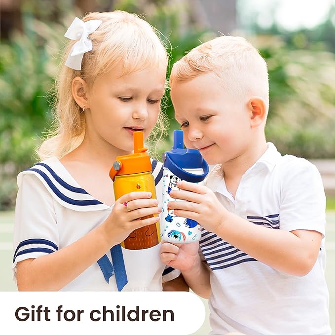 Bear Water Bottle - Kids Water Bottle with Straw Lid - 12 Oz Insulated Stainless Steel Water Bottles for Kid Boys - Travel Cup for School Sports