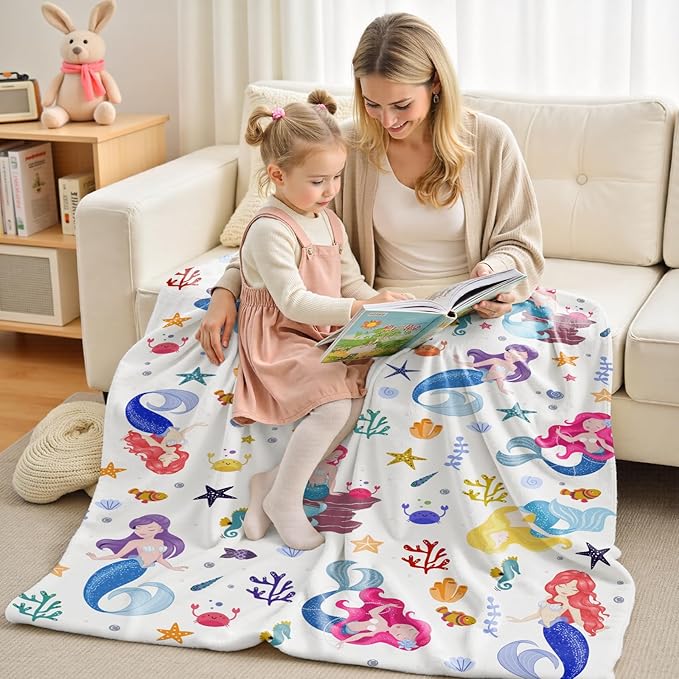 Wajade Kids Mermaid Blanket for Girls Soft Fleece Blanket for Couch Sofa Bedroom Mermaid Marine Life Throw Blanket for Kids Teens 50"x60"