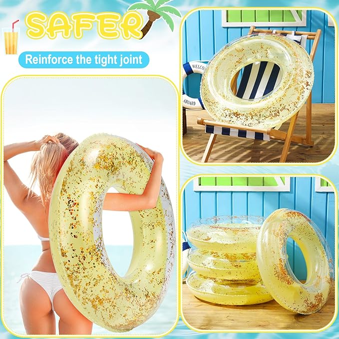 ShinyRelief 4 Pcs Inflatable Glitter Pool Float 30'' Macaron Swim Tube with Gold Confetti Swim Inner Tube for Adults Pool Floats Rings for Summer Beach Swimming Pool Bachelorette Party