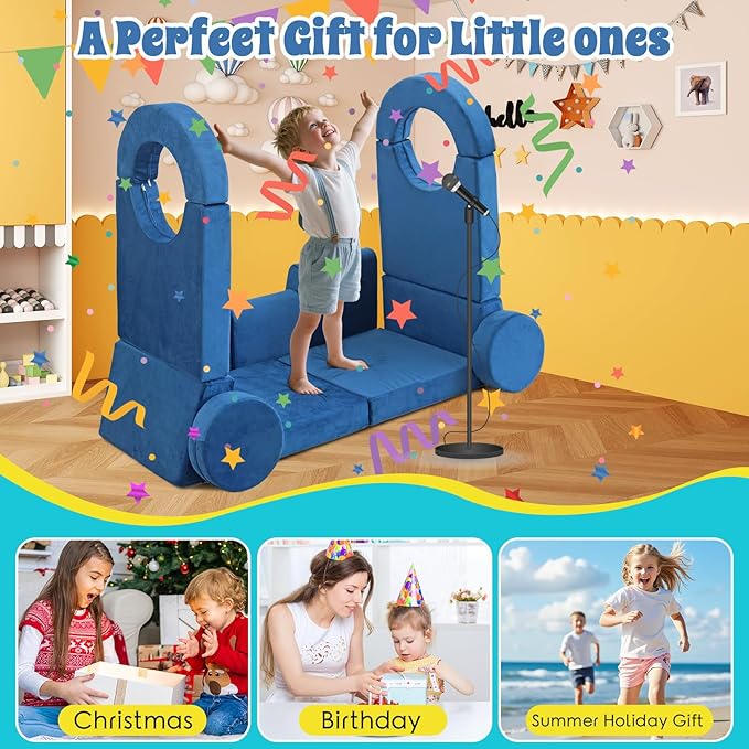 13Pcs Modular Kids Play Couch Toddler Couch Kids Sofa Playroom Furniture Convertible Foam and Floor Cushion Highly Elastic Foam for Boys and Girls (Blue)