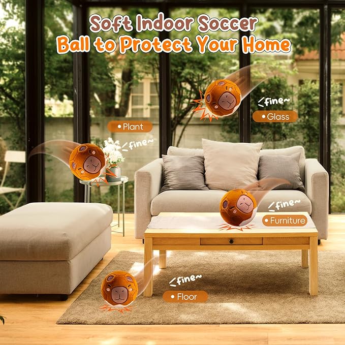 Silent Indoor Soccer Balls for Toddlers, Inflatable Soft Plush Baby Toddler Soccer Ball Toys Gifts for 0+Year Old Boy Girl First Birthday Gift (Capybara, Pump Include)