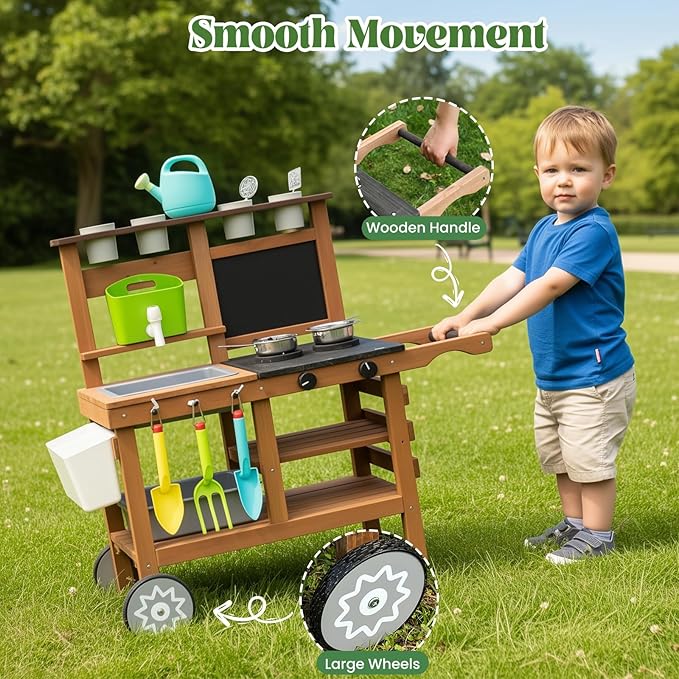 Kitchen Playset for Kids Ages 3-8, Wooden Pretend Play Kitchen for Toddlers, Including Telephone, Ice Maker, Refrigerator, Dimensions: 35” H x 31” W x 12” D (Brown)