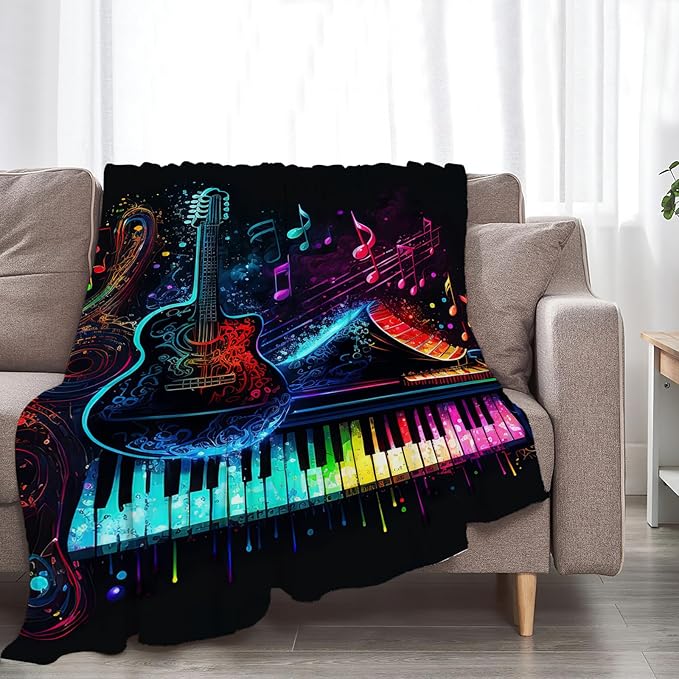 Colorful Guitar Blanket Ultra Soft Cozy Music Note Piano Throw Blanket Fleece Fuzzy Plush Bedding Rock Musical Instrument Gifts for Women Girls Kids Adults 50"x40"