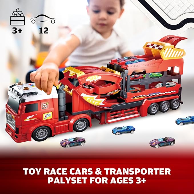 3in1 Transport Car Carrier Truck Toy w/3 Layer Foldable Car Track, 12P Die Cast Car Speed Track, Semi Truck Toy Car Launch Race Track Playset, Preschool Cars Trucks Car Transporter Toy for Kid Ages 3+