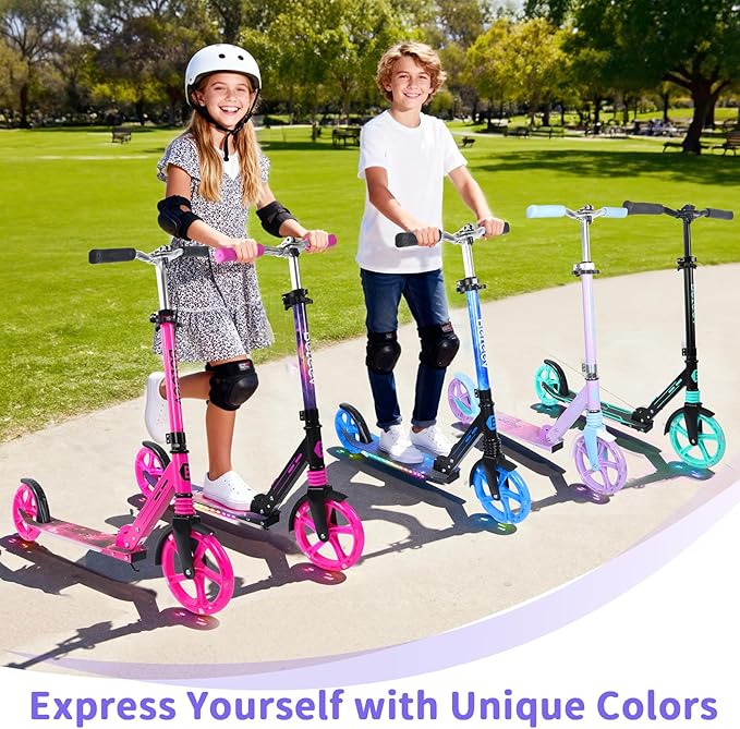 BELEEV V5 Plus Scooters for Kids Ages 6+, Teens with Light-Up Wheels & Deck, 2 Wheel Folding Lightweight Sport Scooter with 4 Adjustable Height, 8-inch Big Wheels, Carry Strap, Max Load 220 lbs