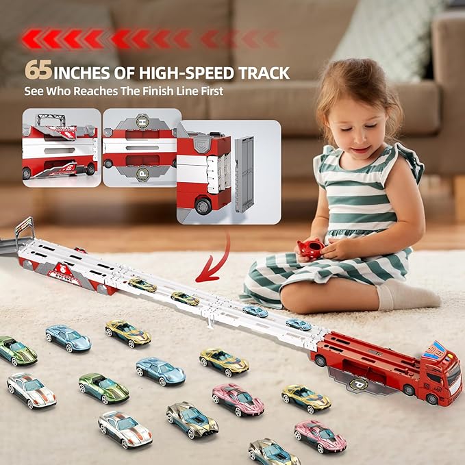 65-Inch Race Car Tracks and 20 Car Toys for Toddlers Boys Kids 1-3 4-7, Toy Trucks for Toddler 2 3 4 5 6 7 8 Years Old with Lights Sounds, Carrier Truck Toys Gift for Boys Girls Kids