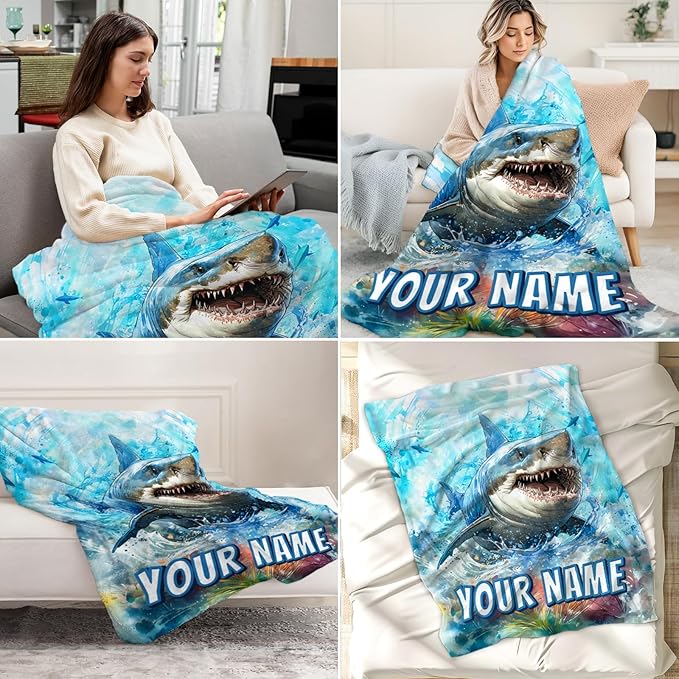 Personalized Shark Blanket for Boys - Teens Custom Shark Blankets Plush Cozy Flannel Throws Gifts for Crib & Room