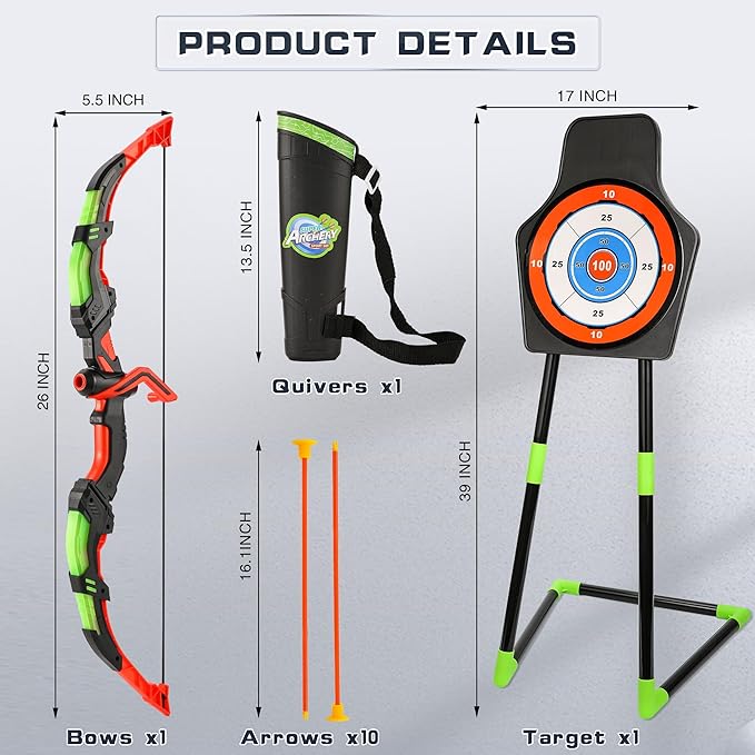 Archery Toy Set for Kids, LED Light Up Bow and Arrow Set with 10 Suction Cup Arrows, Standing Target & Quiver, Indoor Outdoor Games Stuff for Boys Girls Children Aged 3-12 Year Old