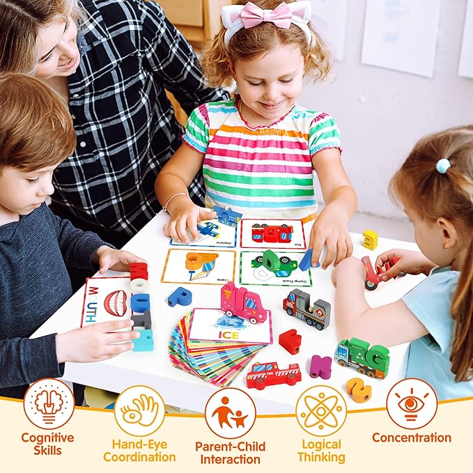 Vanmor Wooden Vehicle Alphabet Puzzle for Toddlers, Traffic ABC Letter Sight Words Matching Game with 52 Blocks and Flash Cards, Montessori Spelling Game Learning Toys, Stocking Stuffer for Kids 3-5