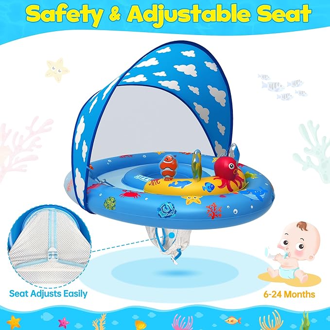 ZIZZ Baby Pool Float with Canopy - 2025 New Inflatable Baby Swim Float with UPF50+Sun Protection, Baby Infant Pool Float with Toy Play Console Adjustable Seat for Toddler Kids Aged 6-36 Months