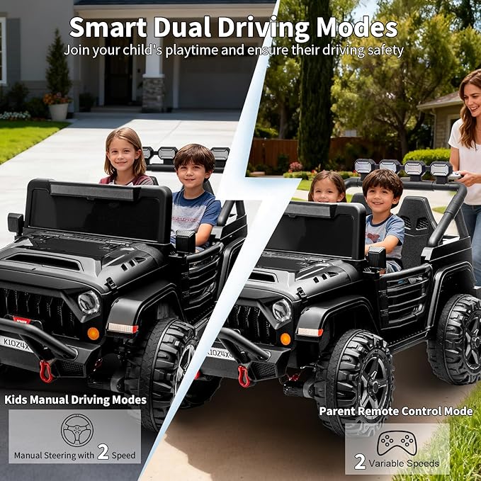 2 Seater Ride on Car Toy for Kids, 24V 4x4 Ride-on Truck, w/Parent Control, Soft Start, 3 Speed, 4-Wheeler Suspension, Bluetooth, LED Lights, Electric Car for Kids Toddler Ages 3-8, Black