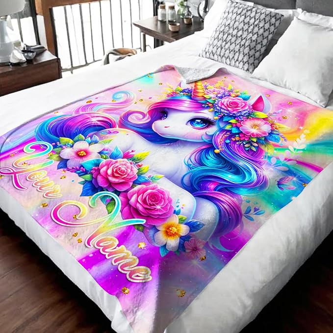 Personalized Blanket for Girls Kids Teens, 80"x60" Unicorn Throw Blanket Gifts for Girls, Custom Soft Flannel Snuggle Throws for Couch Sofa Bed Travel