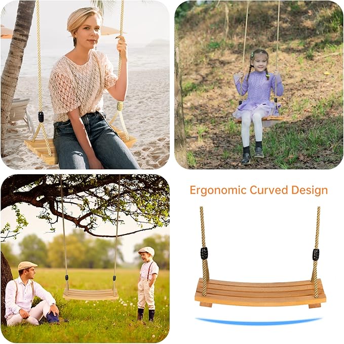 Wooden Tree Swings Tree Swing for Adults Children Kid's Wood Swing Seat with Adjustable Rope 220lbs Load Wooden Swing Set for Indoor Outdoor