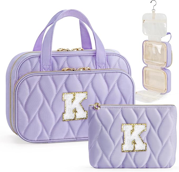 YOOLIFE Birthday Gifts for Women Teen Girls - Hanging Toiletry Bag Initial Makeup Bag, Personalized Large Toiletry Bag, Gifts for Women Teen Girls Daughter Sister Purple - K