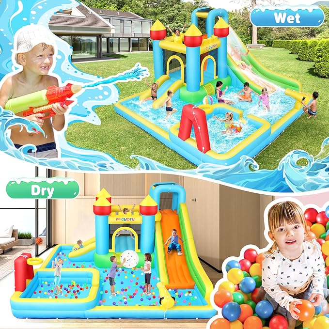 AKEYDIY Bounce House Water Slide, Inflatable Water Slide Park with with Long Slide, Pool, Climbing Wall, Water Gun for Outdoor, Blow up Water Slides Bounce House Castle for Kids Backyard Party Gifts