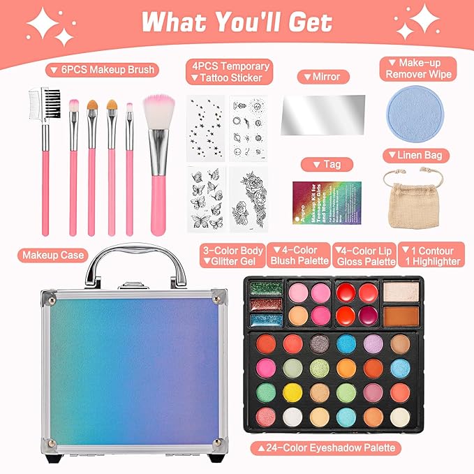 Anpro All-In-One Makeup Kit for Girls 10-12 with Case, Pro Teen Makeup Set, Tween Makeup Kit, Full Starter Make Up Kit with Brushes, Eyeshadow Palette, Blushes, Glitter Gel, Temporary Tattoo Stickers