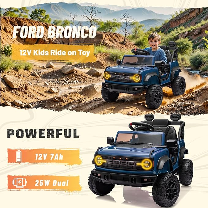 12V Ride on Toy for Kids, Ford Bronco Raptor Kids Electric Car with Parent Remote Control, Battery Powered Truck Car with 4-Wheel Suspension, LED Light, Bluetooth, 3 Speeds (12V, Deepblue)