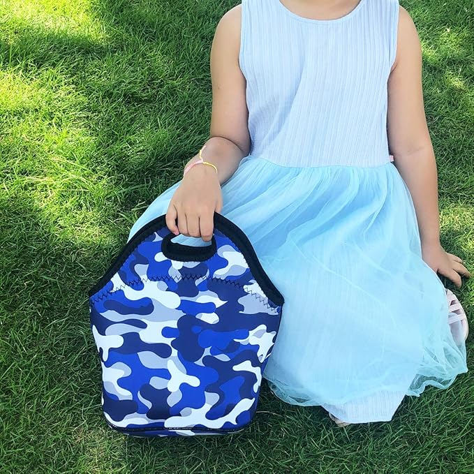 FlowFly Neoprene kids Lunch box Insulated Soft Bag Mini Cooler Thermal Meal Tote Kit for Boys, Girls,Men,Women,School,Work, Office, Blue Camo