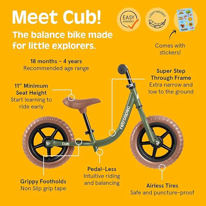 Retrospec Cub Toddler Balance Bike for Ages 18 Months - 3 Years - 12in No-Pedal Beginner Bicycle with Adjustable Seat, Puncture-Proof Tires & Safe Low Frame Design