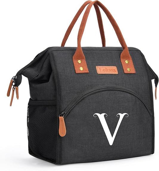 Personalized Lunch Box for Women, Initial Reusable Insulated Lunch Bag, Wide-Open Adult Lunchbox Cooler Lunchbag, Leakproof Lunch Tote for Picnic Work Outdoors, Christmas Gift for Women, Black - V