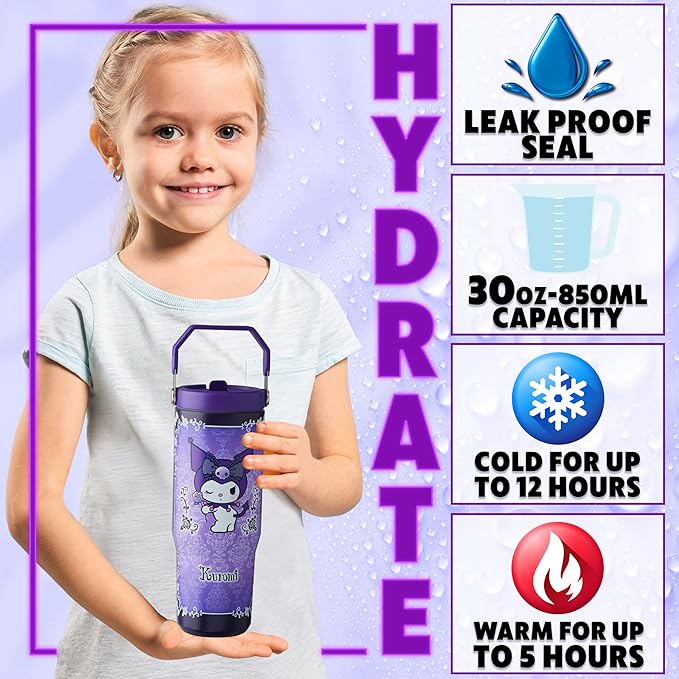 Get Trend Hello Kitty Sanrio Tumbler Stainless Steel with Straw 30oz Girls Teens Insulated Cup with Lids, Kuromi Travel Mug, Kawaii Gifts for Girls (Purple Kuromi)