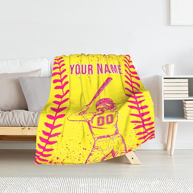 Personalized Softball Gifts for Girls - 30x40 Inches Softball Throw Blankets for Kids - Yellow Cool Lightweight Soft Blankets for Sofa, Lap & Office