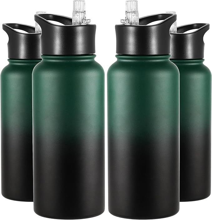 VEGOND 32 oz Insulated Water Bottle Bulk Stainless Steel Metal Water Bottles with Leak Proof Straw Lid & Spout Lid, Wide Mouth Double Walled Vacuum Travel Sports Bottle, 4 Pack